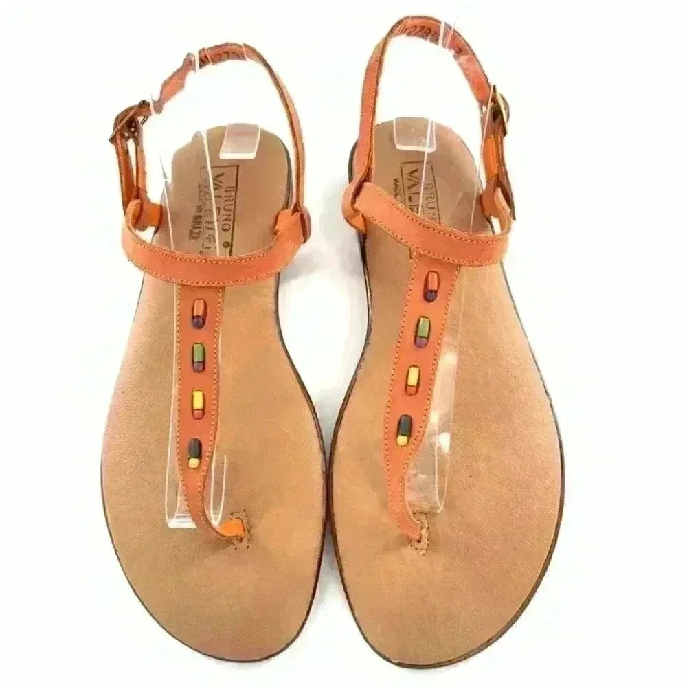 New Bruno Valenti womens sandals size 7 orange leather t-strap gem